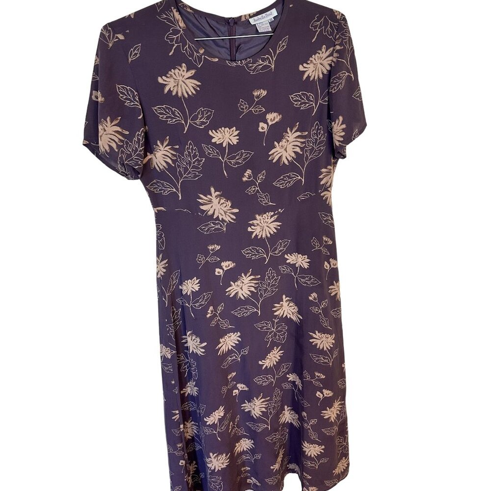 Isabella Bird Floral Midi Silk Dress Womens Med 10 Short Sleeve Purple Modest